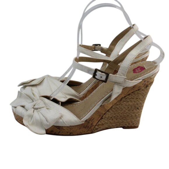 BP Nordstorm Off White Canvas Bow Tie Fab Open Toe Strappy Platform Wedge Heels - Picture 5 of 9